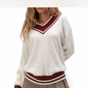 V-Neck Cable Knit Sweater - Cream and Red